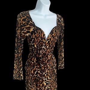 Norma Kamali Leopard Print Stretch Wrap Knee Length Dress XS Indie Grunge EUC